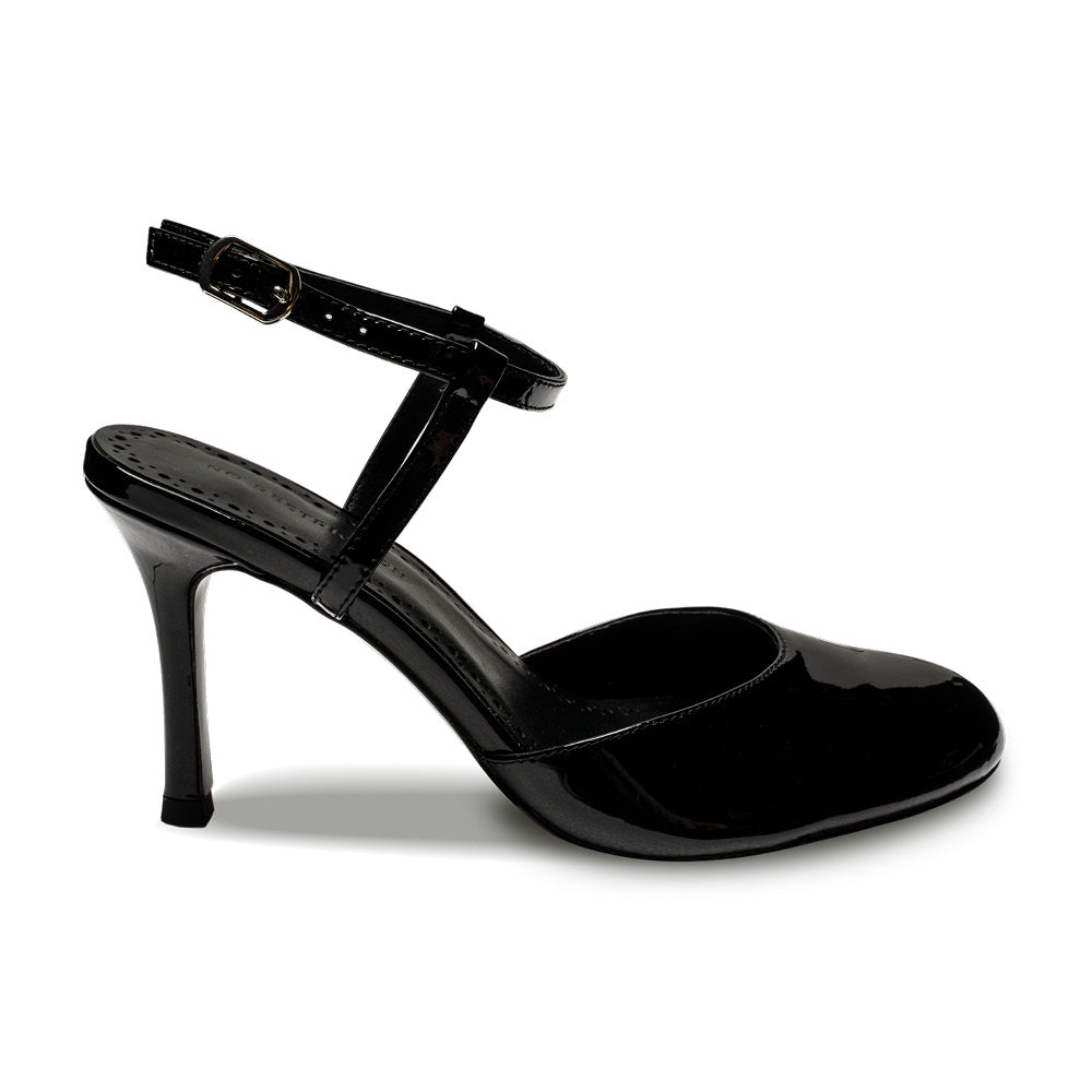 Black patent leather pump with ankle strap for wide feet No Restriction