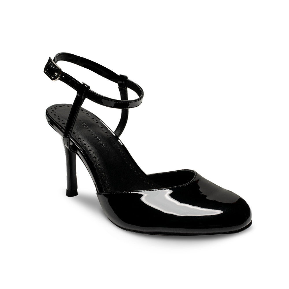 Black patent leather pump with ankle strap for wide feet No Restriction